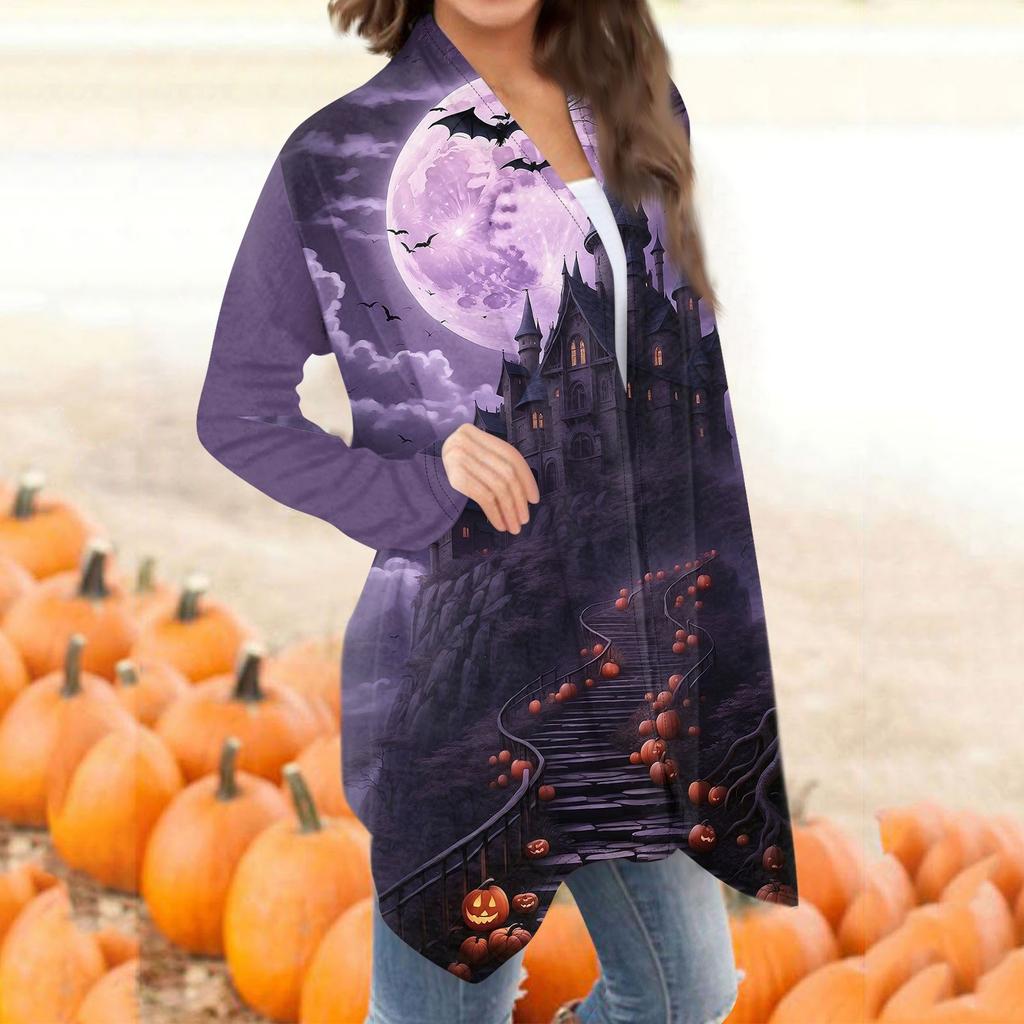 Women's Fashion Casual Halloween Print Medium Length Cardigan Jacket Coat