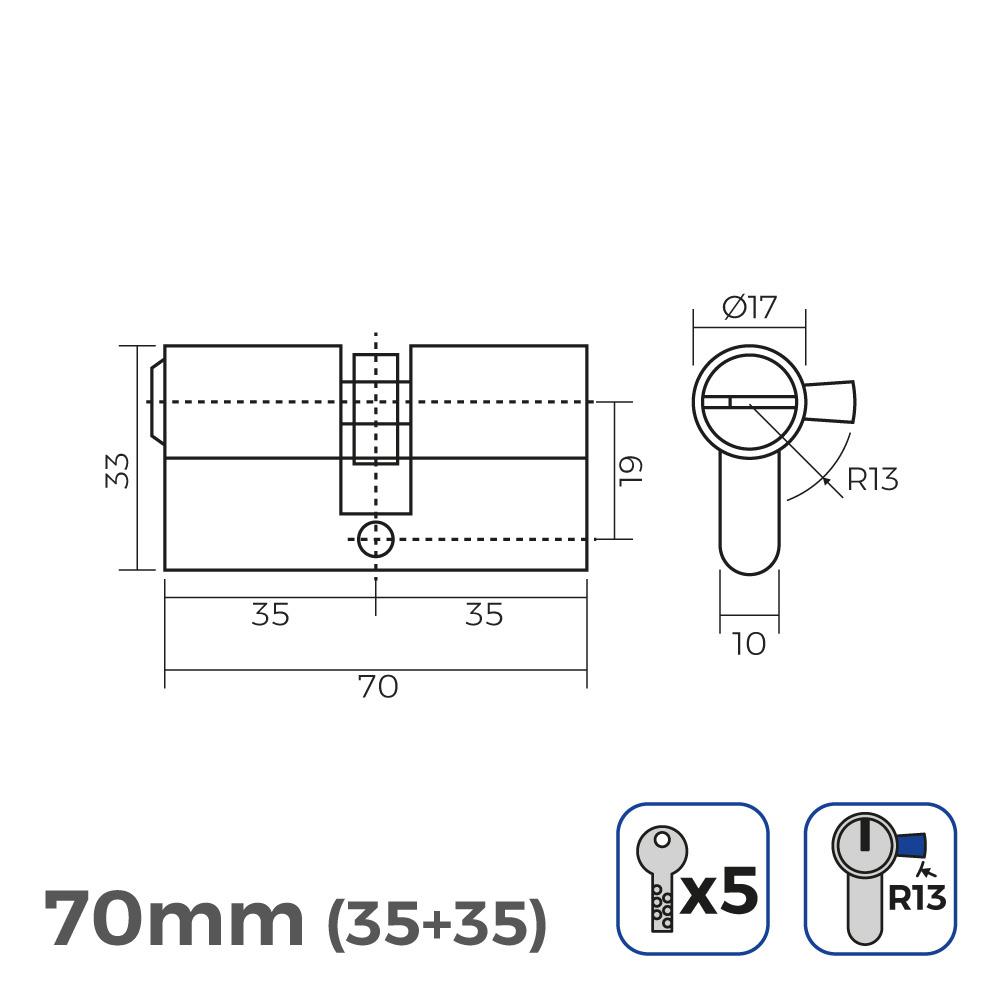 70mm Brass Cylinder (35+35mm) Short Cam R13 with 5 Safety Keys Included Edm
