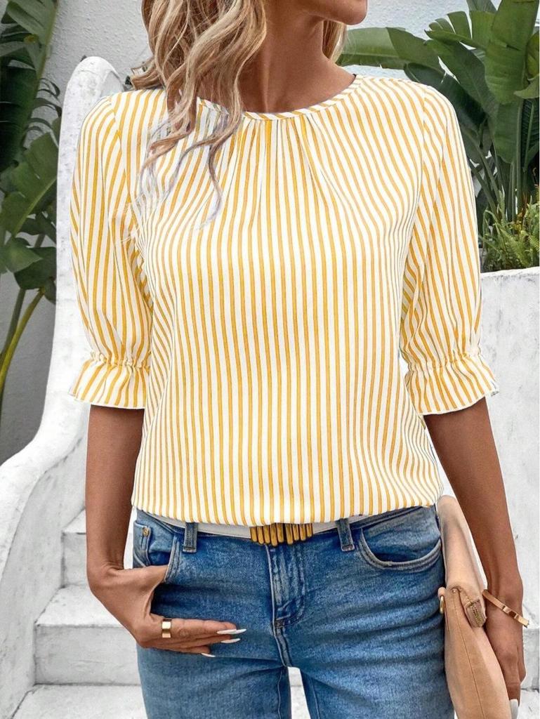 2026 Fashion Blue Striped Button-Design Shirt: European & American Style