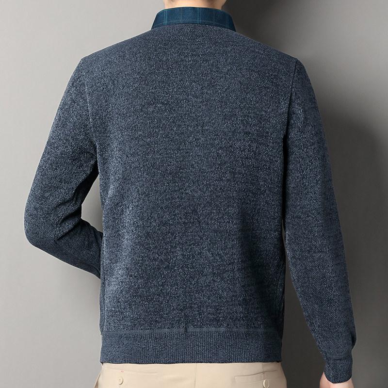 Men Fake Two Piece Sweater Knitting Pullover Winter Warm Thick Polo Neck Retro Fashion Solid Casual Fleece Lined Sweaters