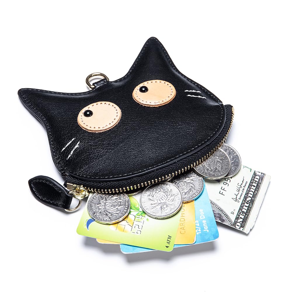 Yocipa Genuine Leather Cat Coin Purse, Women's Mini Wallet, Neck Pouch, Leather Coin Case, Multifunctional, Compact Neck Wallet with Strap, Cute