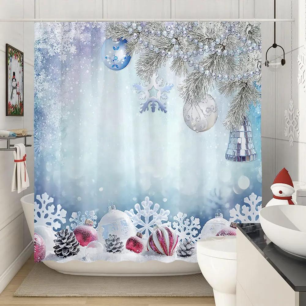 Winter Christmas Shower Curtain Xmas Reindeer Nature Forest Snowy Scenery Farmhouse Bath Curtain Polyester Fabric Bathroom Decor