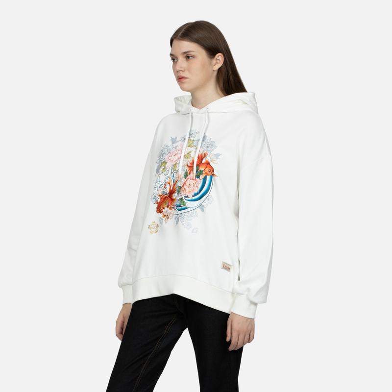 Evisu Aw23 Koi Fish Floral Print Oversized Hoodie Women Hoodies White 2EAHTW3SW4026OSCT