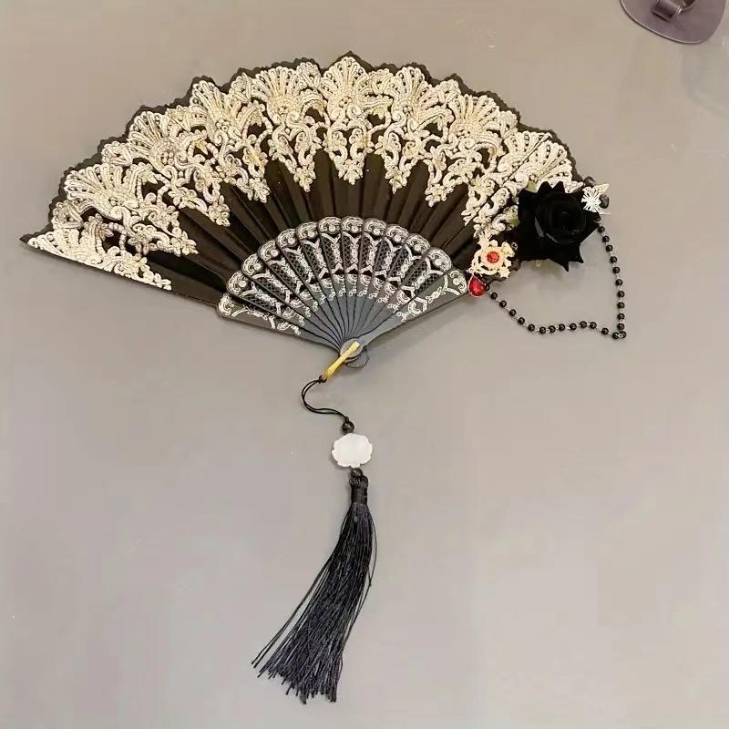 New Lolita Lace Folding Fan, Gorgeous Retro European Rose Fan, Tea Party Dark Style, Anime Expo Cosplay Prop