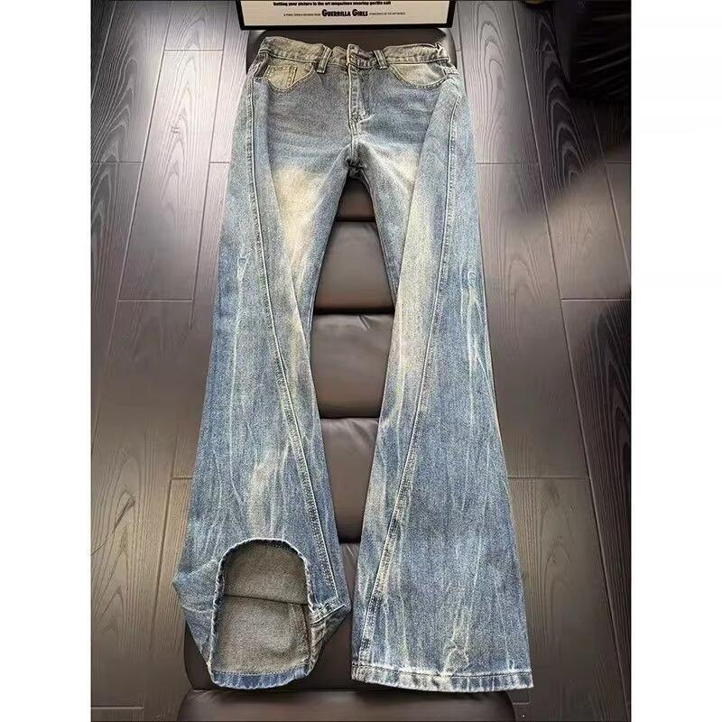 High Street Burst Lightning Jeans Men's Trendy Brand American Heavy Industry Washed Straight Pants Narrow Slim-fit Micro-pull Pants