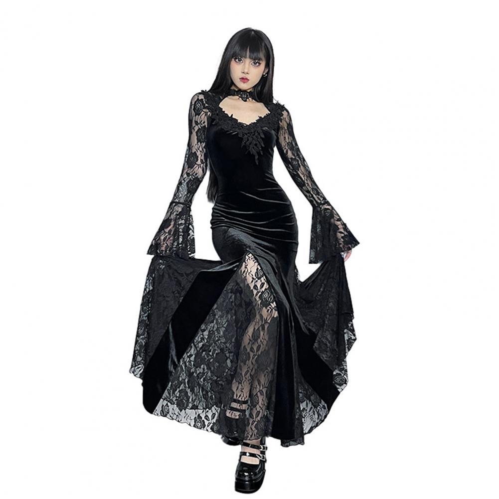 Women Cosplay Dress Dark Style Halloween Party Costume Lace Patchwork Flower Embroidery Fish Tail Hem Long Sleeves Tight Waist A