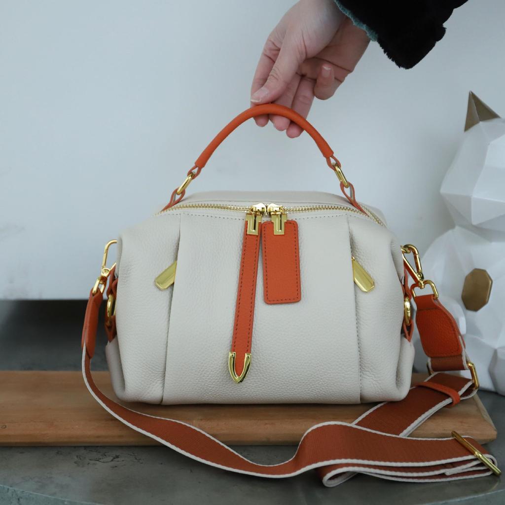 Korean Style Versatile Women's Handbag - Top Layer Cowhide, Color Blocking, Sequined Boston Shoulder Bag