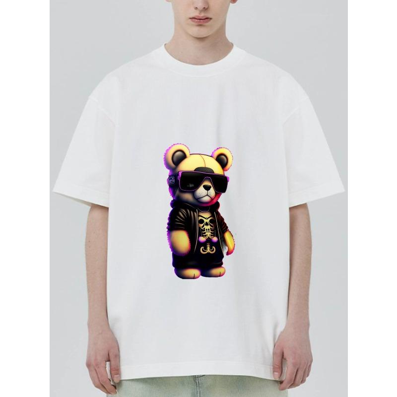 Black T Shirt with Cartoon Bear Wearing Sunglasses and Skull Design for Casual Wear