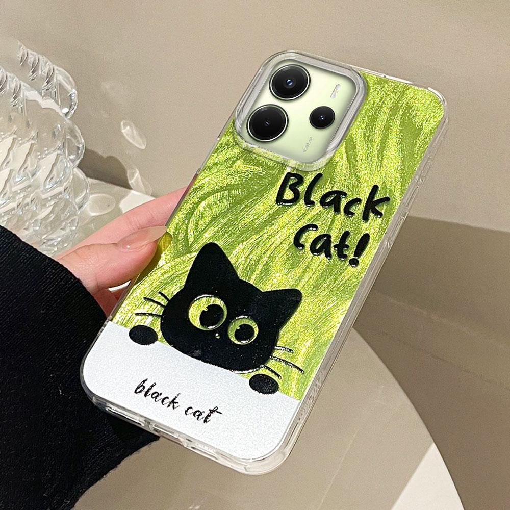 Green Cartoon Black Cat Camlet Texture Phone Case for Xiaomi Redmi 13C 14C A5 A3 A4 A3X Note 14 13 12 11 11S 10 Pro Shell Cover