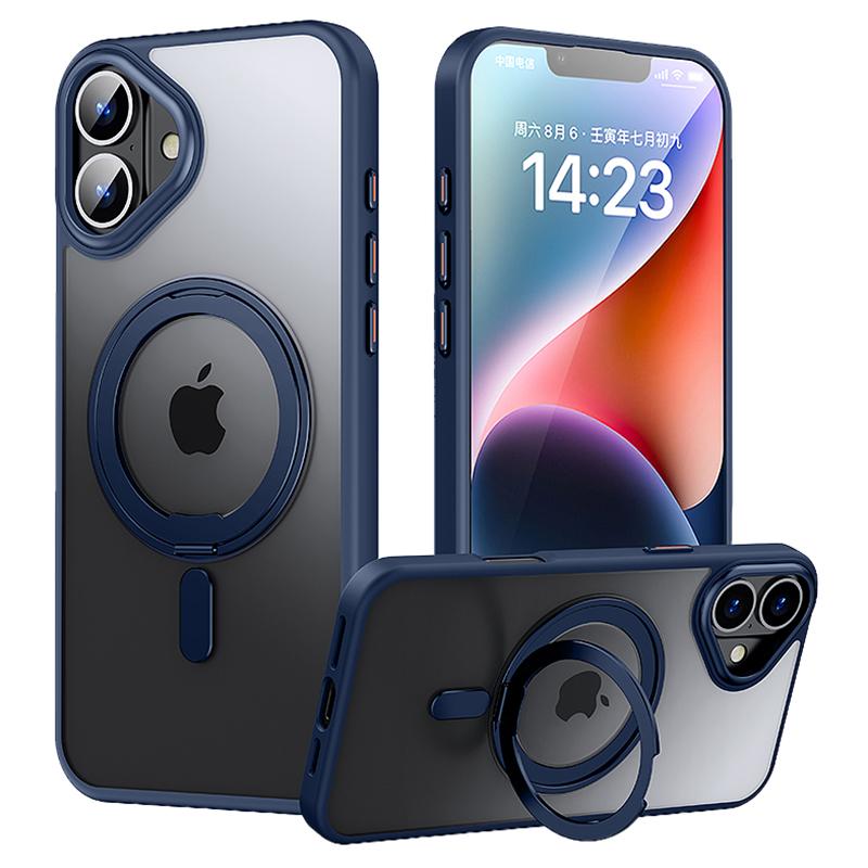 

For iPhone 16 Case Compatible with MagSafe TPU+Acrylic+Metal Kickstand Matte Phone Cover Dark Blue