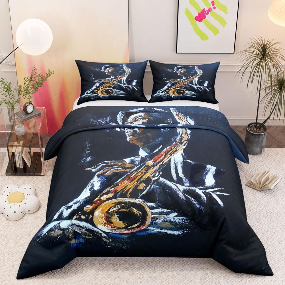 Bohemian Jazz Saxophonist Night Portrait Dark 3-Piece Bedding Set, Modern Duvet Cover with Button Closure, King Size Duvet Cover with Pillowcases
