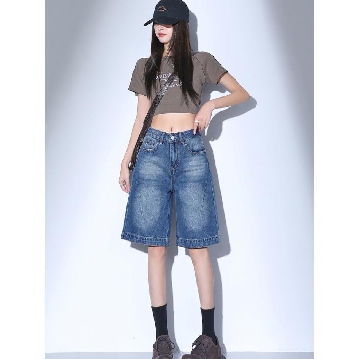 High Waist Black Retro Washed Denim Shorts Women'S Harajuku Vintage Fashion Casual Loose Y2K Streetwear Mid Long  Wide Leg Pants