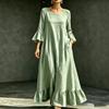Women Round Neck Bell Sleeve Ruffle Hem Maxi Dress with Pockets Solid Color Casual Loose Fit Dress