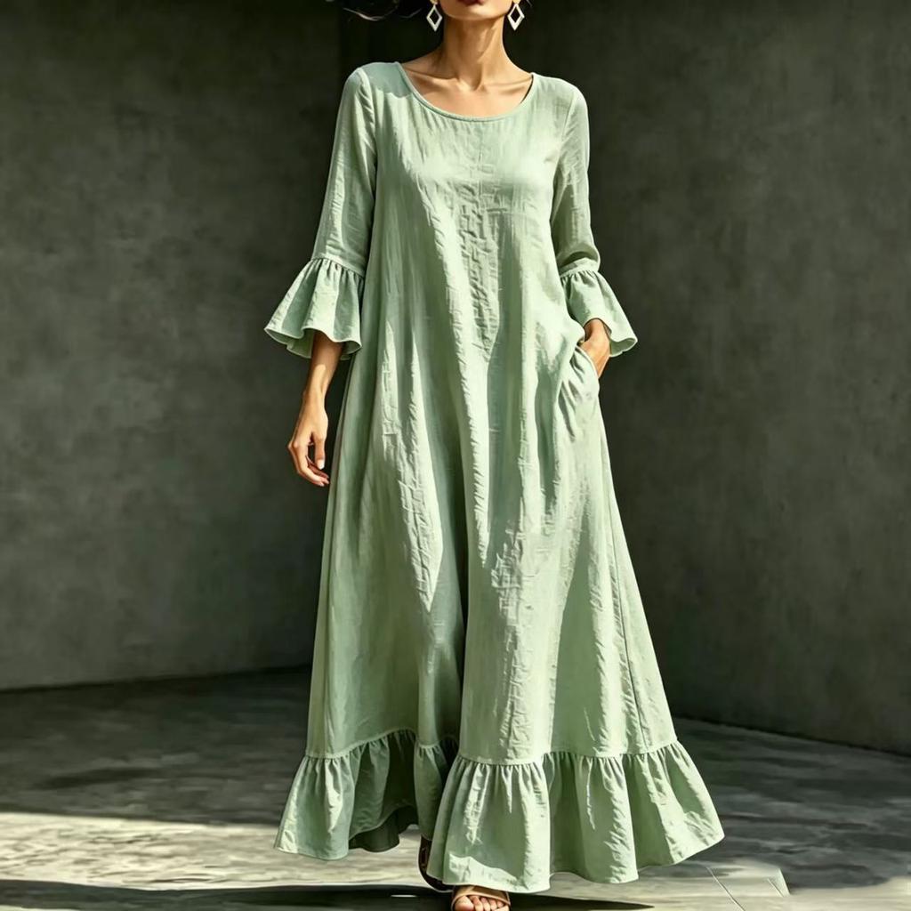 Women Round Neck Bell Sleeve Ruffle Hem Maxi Dress with Pockets Solid Color Casual Loose Fit Dress
