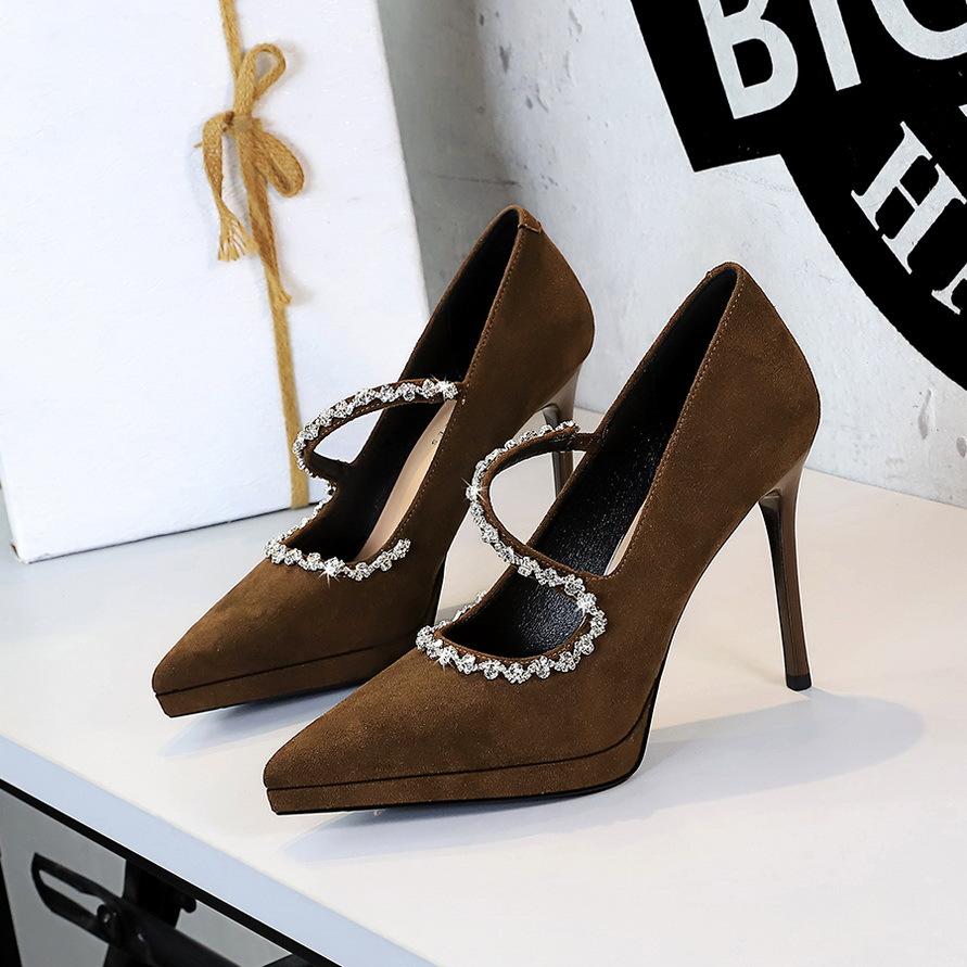 Fashion High Heels 10.5cm Women's Pumps Stiletto Suede Pointed Toe Waterproof Platform Ladies Banquet Rhinestone Decoration Single Shoes