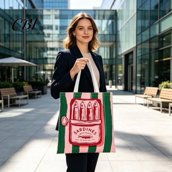 Durable Fabric School Bag Striped Canvas Tote, Sardine Can Pattern, Reusable Shopping Bag, Foldable Versatile Everyday Handbag Tote for Women Men Gym