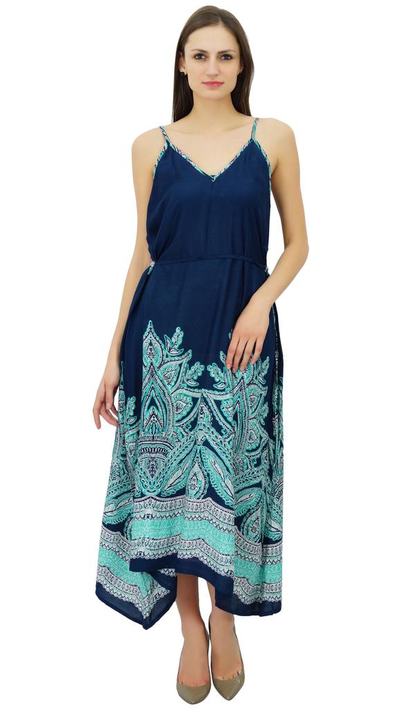 Bimba Women Blue Rayon Asymmetric Sun Dress Spaghetti Stram Boho Chic Beach