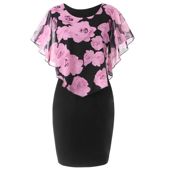 Plus Size Elegant Office Lady Rose Flower Print Cape Bodycon Knee Length Dress