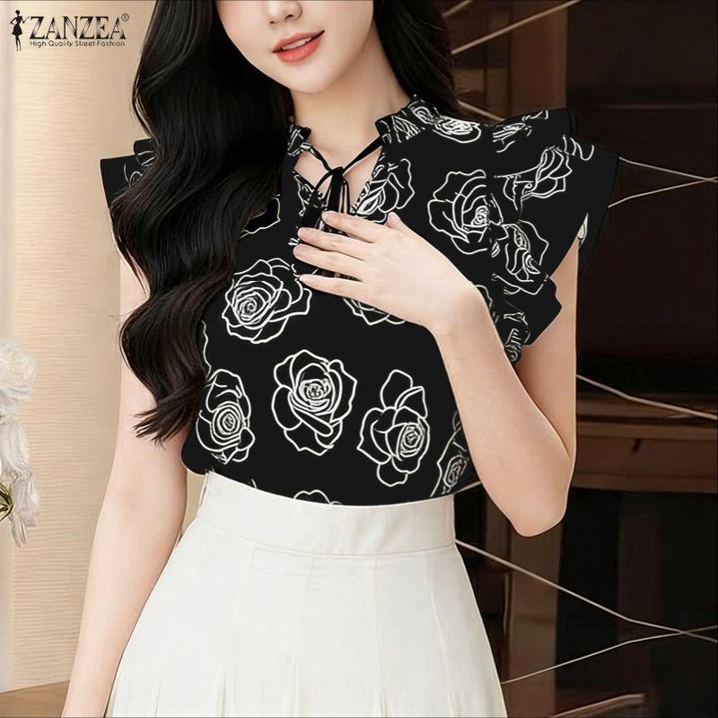 ZANZEA Womens Casual Round Neck Ruffles Short Sleeve Loose Print Blouse