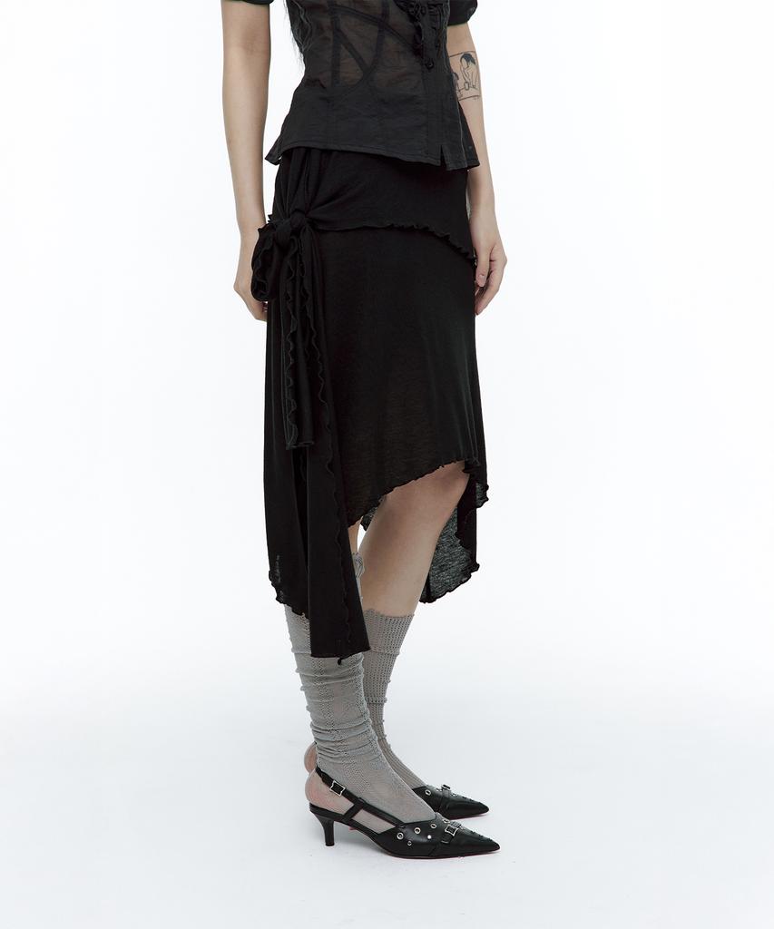 Rough Neck Asymmetrical Tie Knit Skirt Black