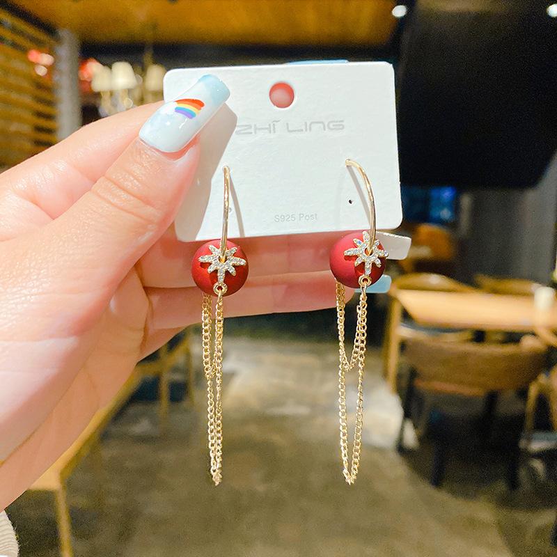 Fashion Atmospheric Red Velvet Bow Earrings Femininity Sweet Flower Long Fringed Versatile Earrings