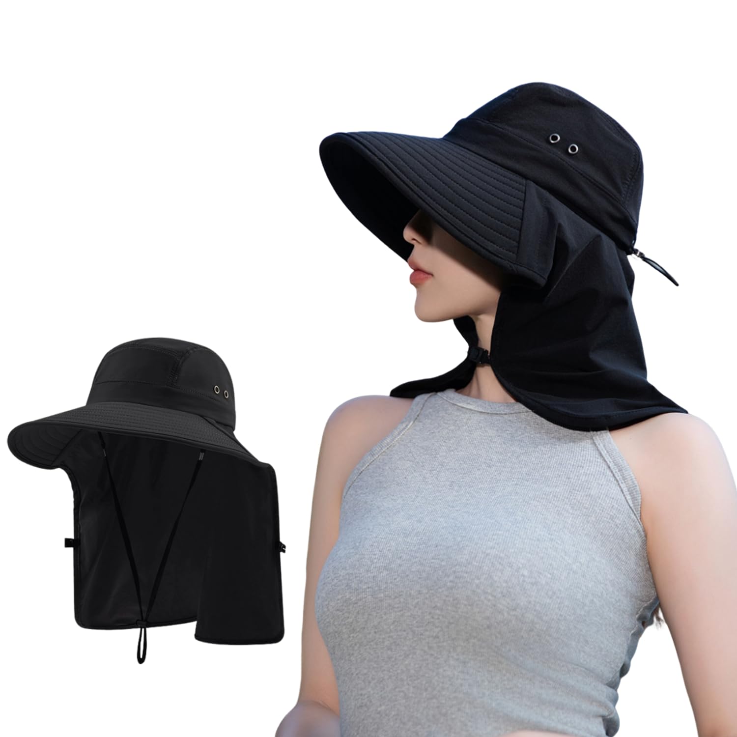 

UV Protection Sun Hat for Gardening Neck Wide Day [SIAFEI] Hat, Women, Hat, Guard, Brim, Foldable, Outdoor, Spring/Summer, Mother s Gift, Black,