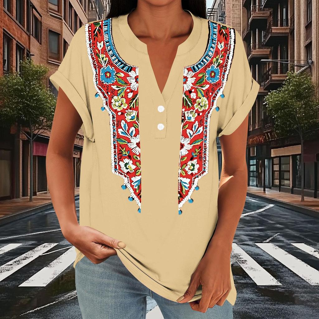 Damen Freizeit Locker Sitzend Kurzarm Knopf V-Ausschnitt Blumenmuster Bluse Top Leicht Atmungsaktiv Sommerhemd
