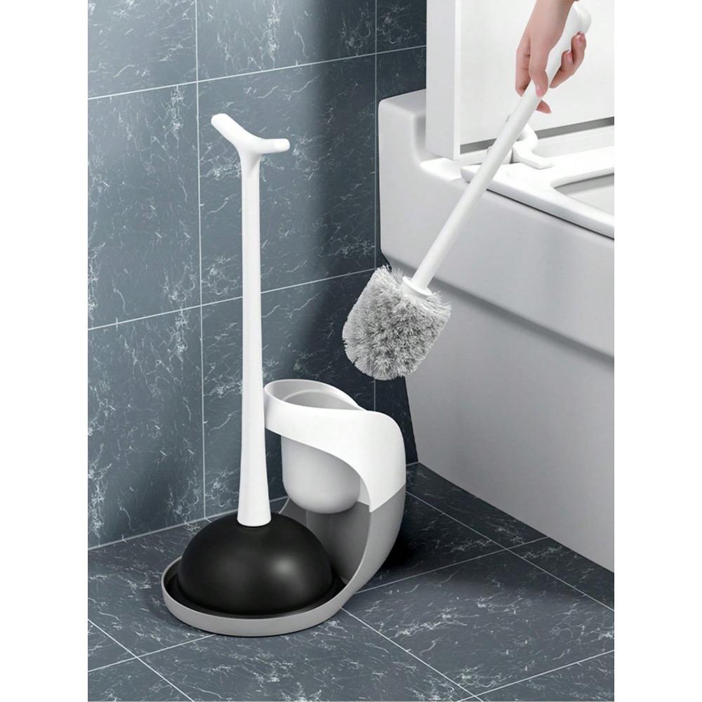 

1set Toilet Brush & Plunger Set With Storage Rack, Leather Chamois & Suction Drainage Cleaning Brush, Home Bathroom Accessories