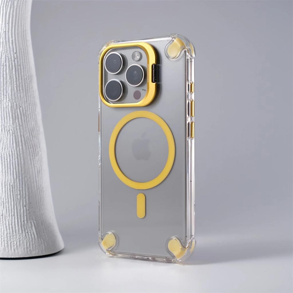Alloy Camera Stand Holder for Magsafe Phone Case For iPhone 16 Pro Max 15 Pro 14 13 12 11 Airbag Anti-fall Clear Acrylic Cover