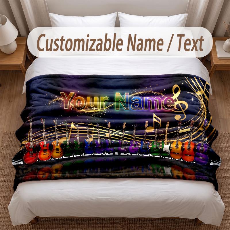 Music Guitar Theme Soft Blanket Personalized Custom Name Text Print Warm Blanket Home Sofa Bedroom Decor