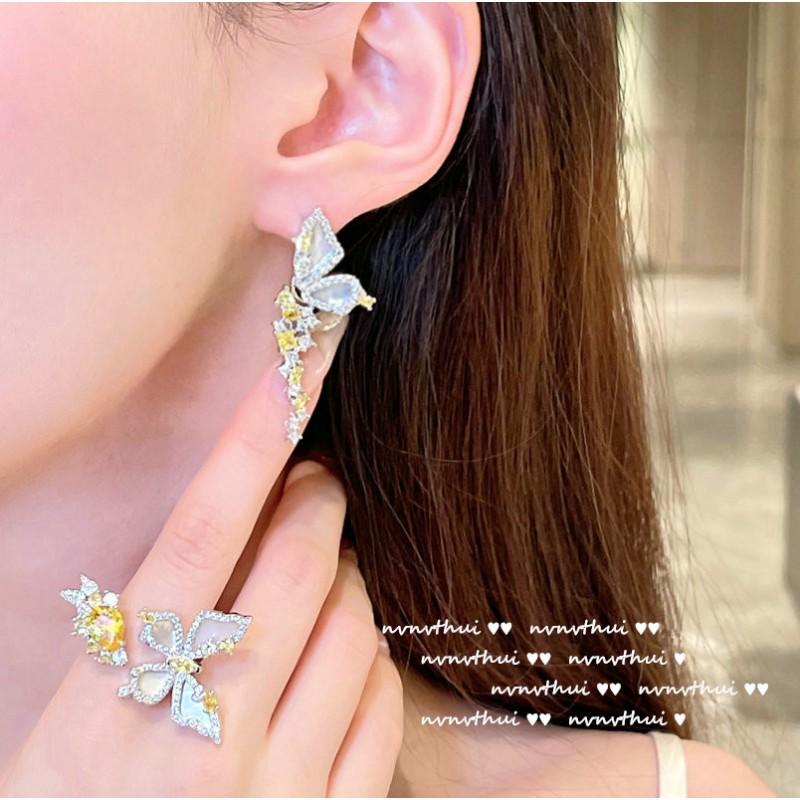Vintage Butterfly Ring Earrings Set - Yellow Zircon Shell Design Adjustable Open Baroque Style 18K Gold Plated Jewelry