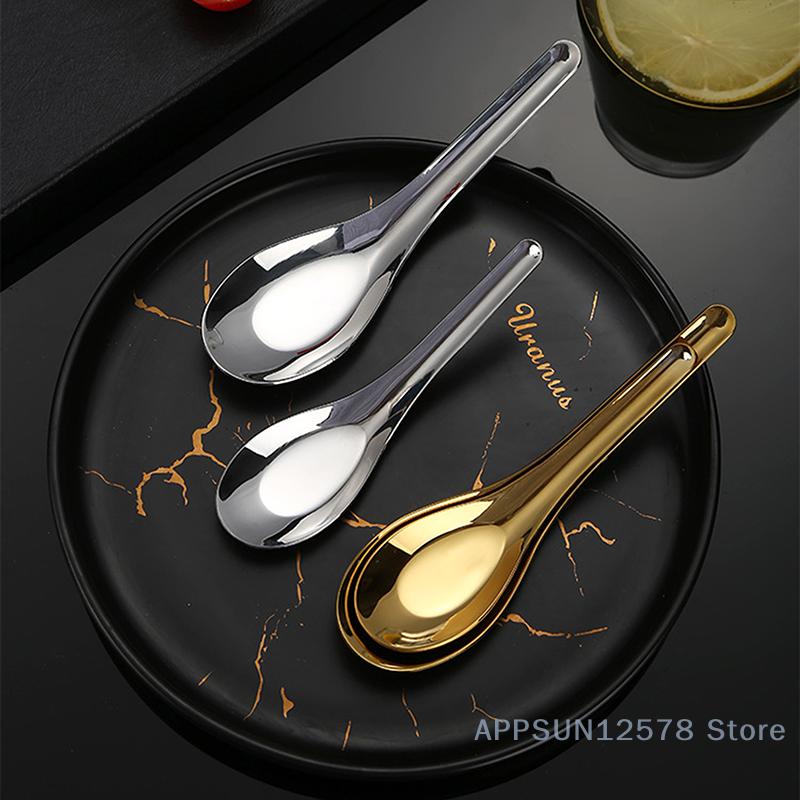 Household Stainless Steel Flat Rice Soup Spoon Dessert Spoon Silver Gold Mirror Polished Cutlery Kitchen Utensils