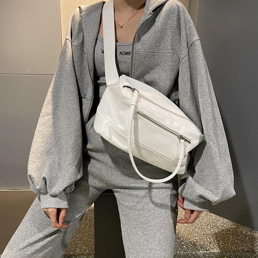 

New zip women s bag large-capacity single-shoulder bag simple solid-color crossbody bag soft leather pu trendy fitness handbags 29x14x16cm белый