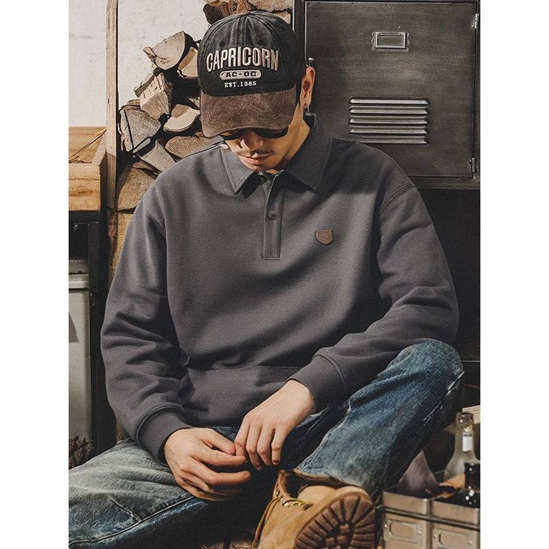 American Retro Heavy Weight Stiff Heavy Weight Pure Cotton 520G Lapel Polo Sweatshirt Men's Autumn and Winter Foreign Trade Men's Clothing Outwear