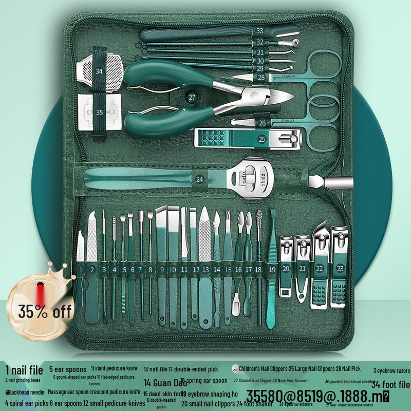 Dark Green 35-Piece Nail Clipper & Manicure Set with Zip Bag