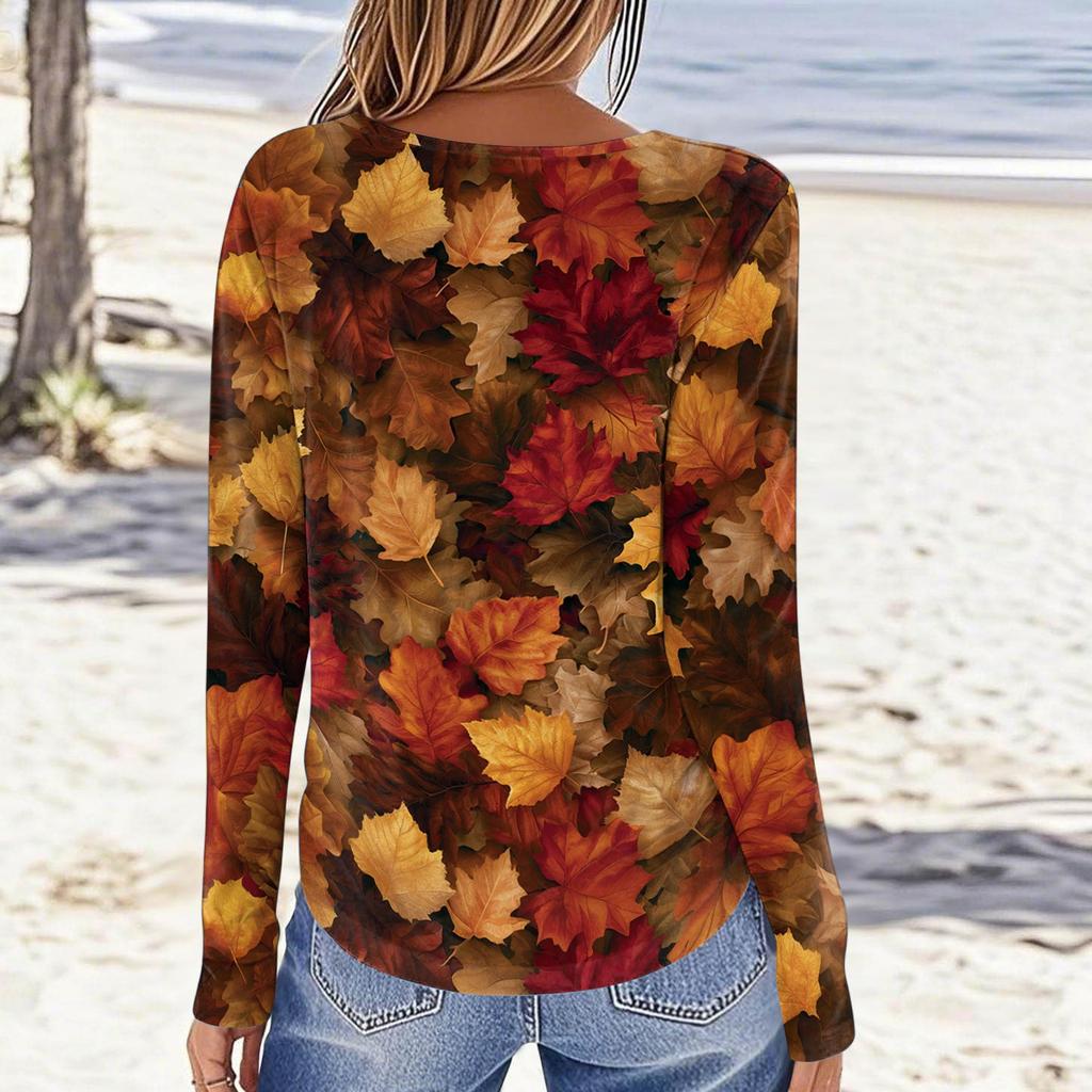 Women's Casual Long Sleeve Leaf Print Neck Blouse
