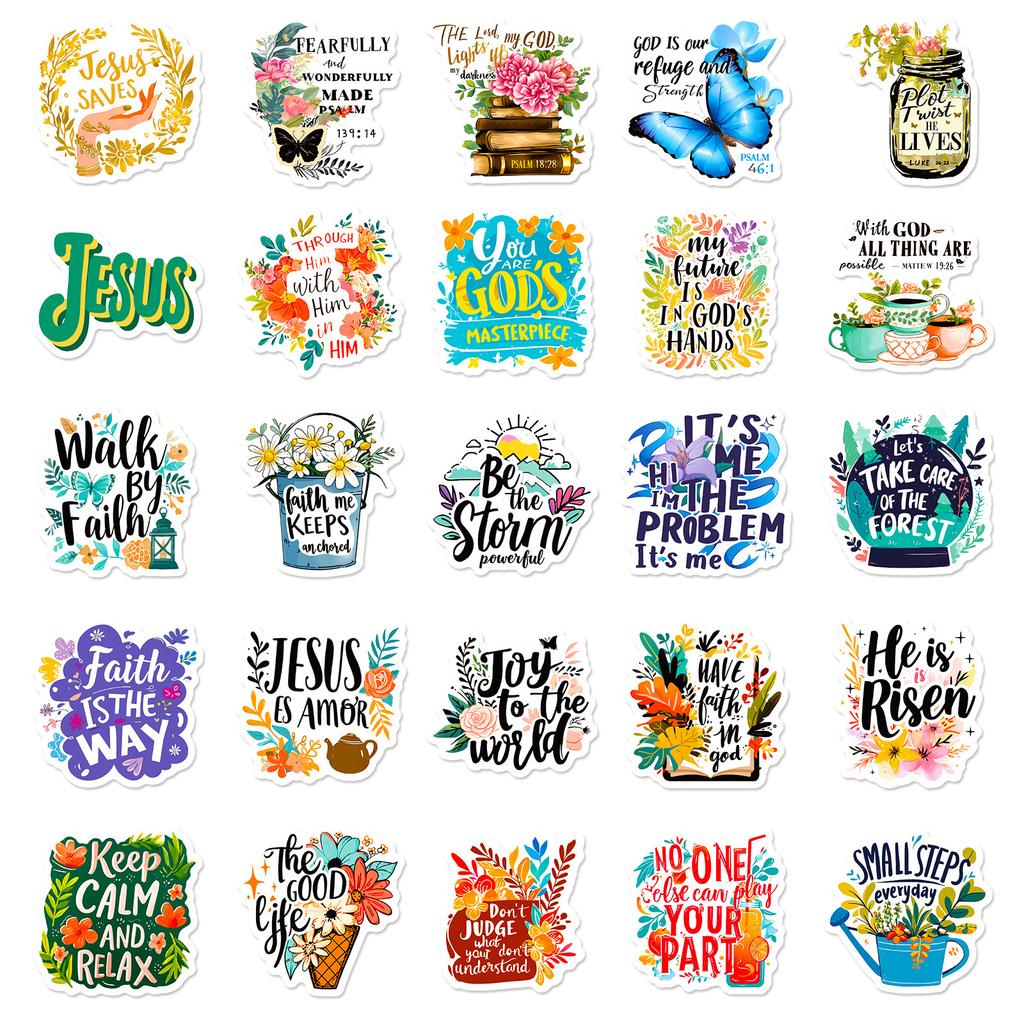 50 Bible Stickers Creative Positive Energy Text Short Sentences Inspirational English Sentences Waterproof Pocket Book Stickers
