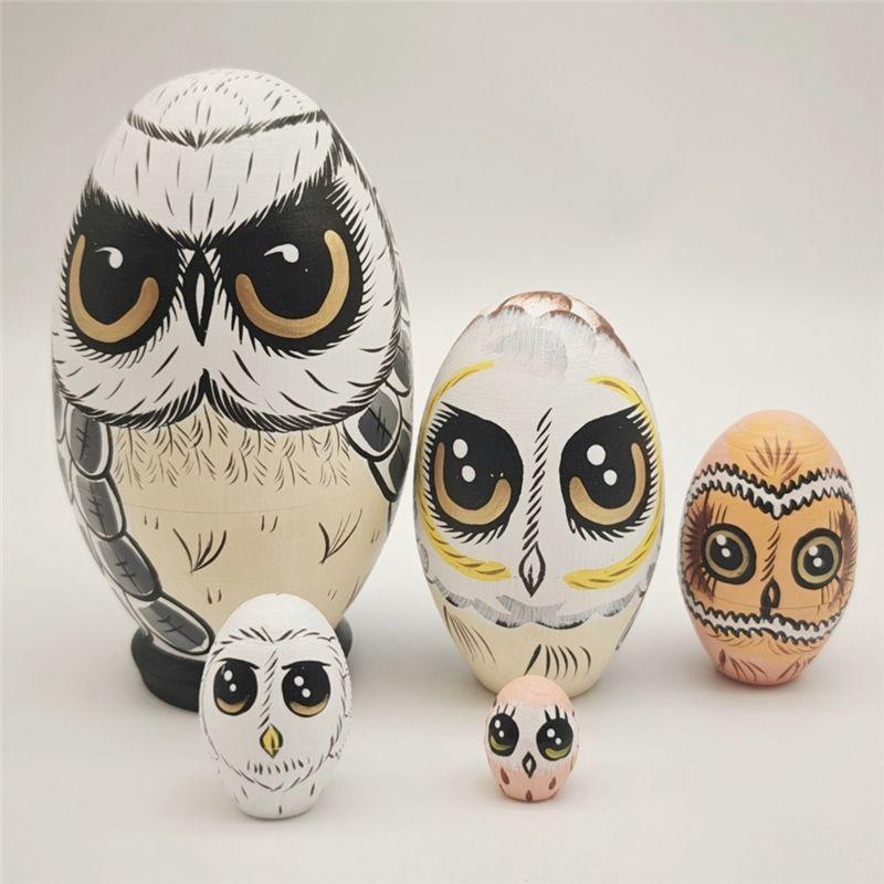 AEE2-Owl Nesting Dolls, Mini Wooden Crafts Owl Family, Easter Decoration