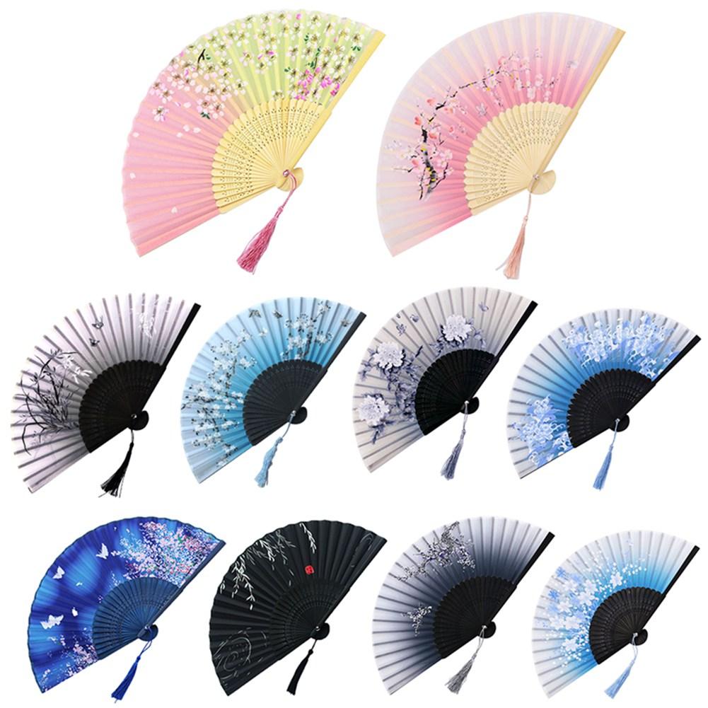 

Chinese Japanese Folding Fan Wooden Shank Classical Dance Fan High Quality Tassel Elegent Female Fan 9 inches