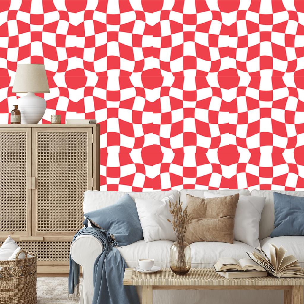 Wallpaper Casual Checkerboard White and Red 50x1000