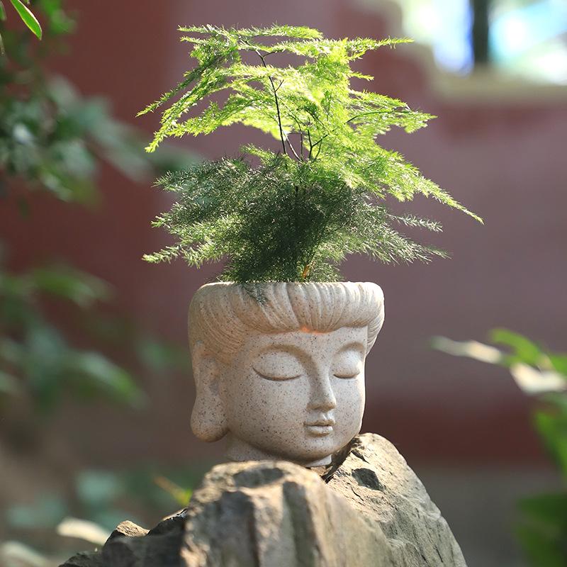 Zen Buddha Head Faux Stone Flower Pot for Garden Ornaments and Potted Plants