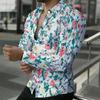 Men Collared Shirt White Base Pink Yellow Rose Leaf Floral Print Long Sleeve Button Down Top