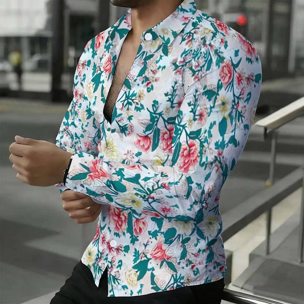 Men Collared Shirt White Base Pink Yellow Rose Leaf Floral Print Long Sleeve Button Down Top