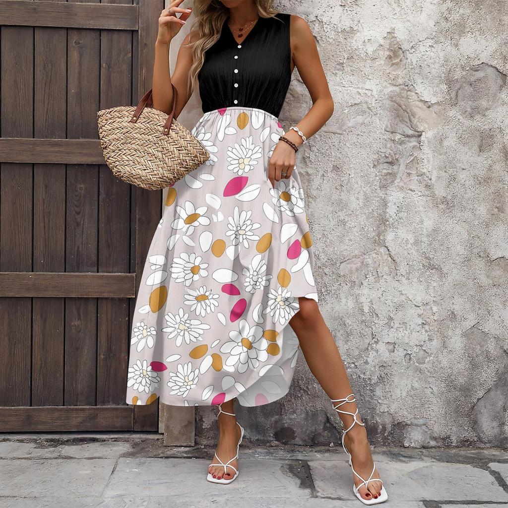 Women's Casual And Fashionable V-neck  Sleeveless Printing Mid Length Dress