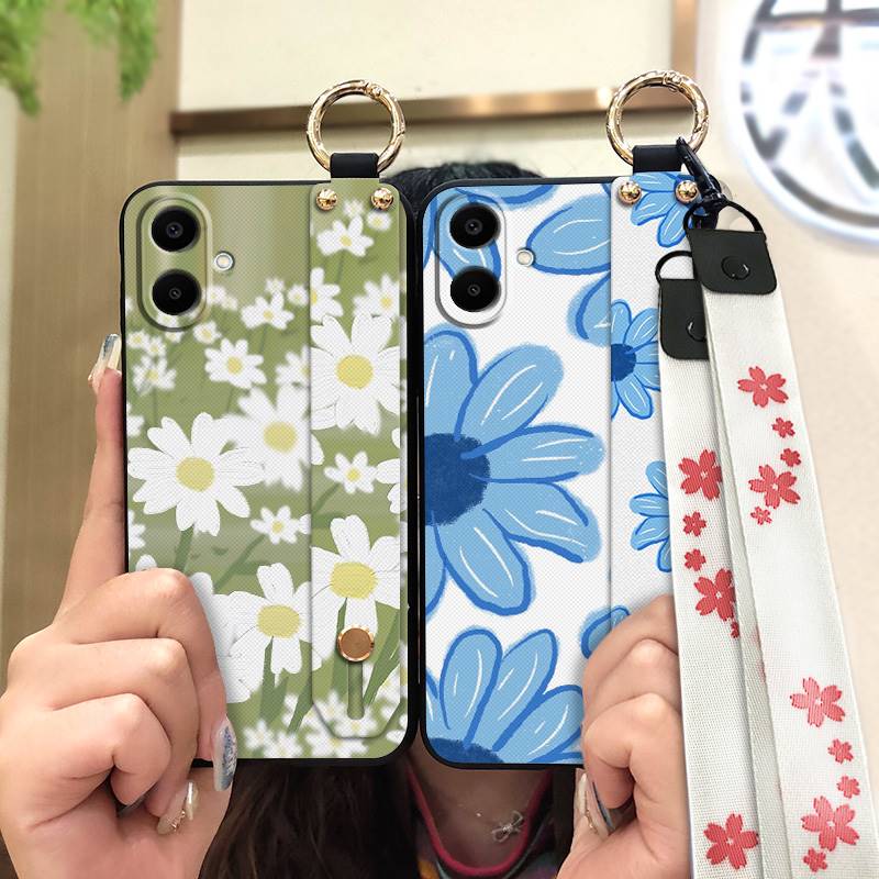 Durable Back Cover Phone Case For Samsung Galaxy A07 Flower Silicone Anti-knock Wrist Strap Shockproof Lanyard Anti-dust