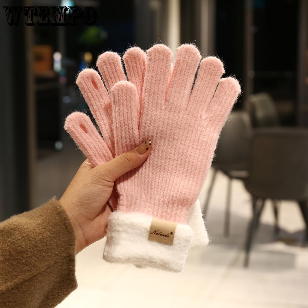 Women's Thick Warm Gloves Winter Simple Plush Splicing Versatile Fingerless Touchscreen Knitted Gloves