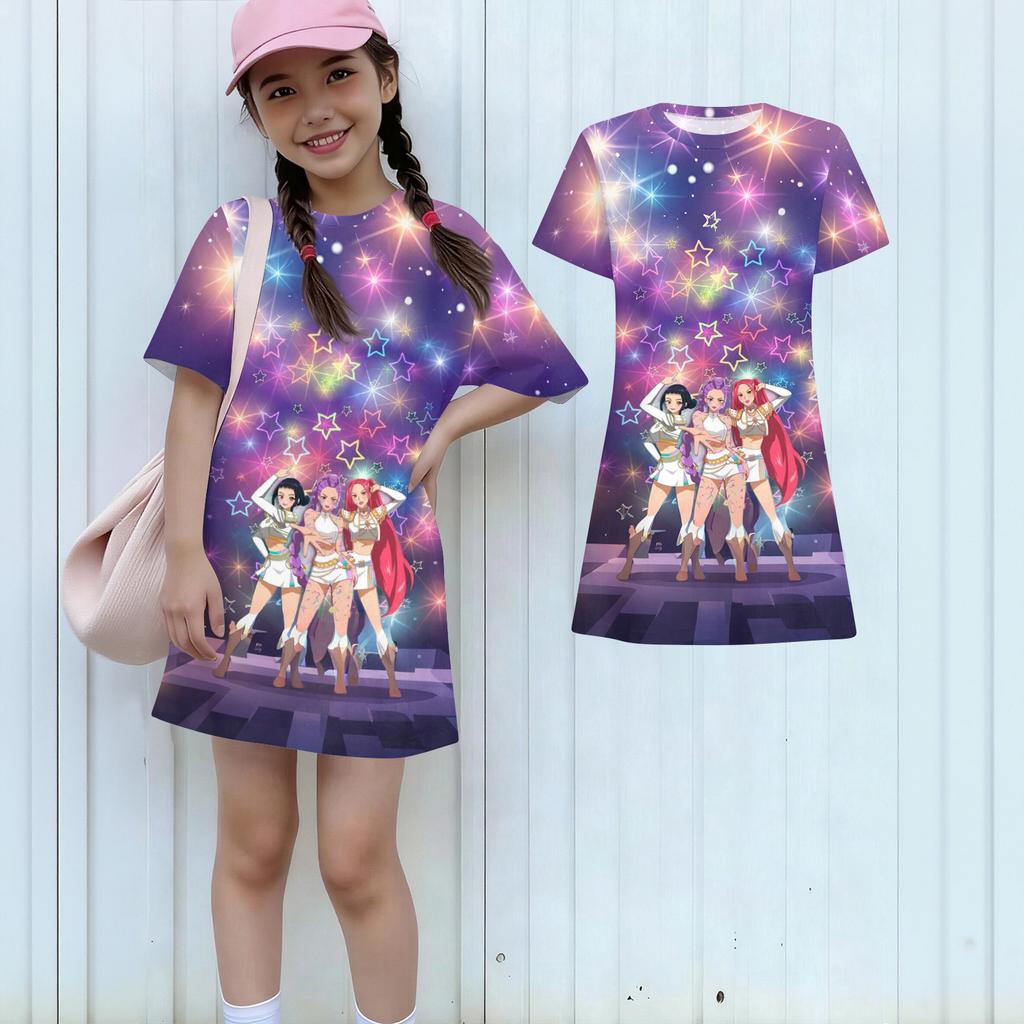 Girls Print Casual Dress Kids Loose Round Neck Short Sleeve Thin Sundress