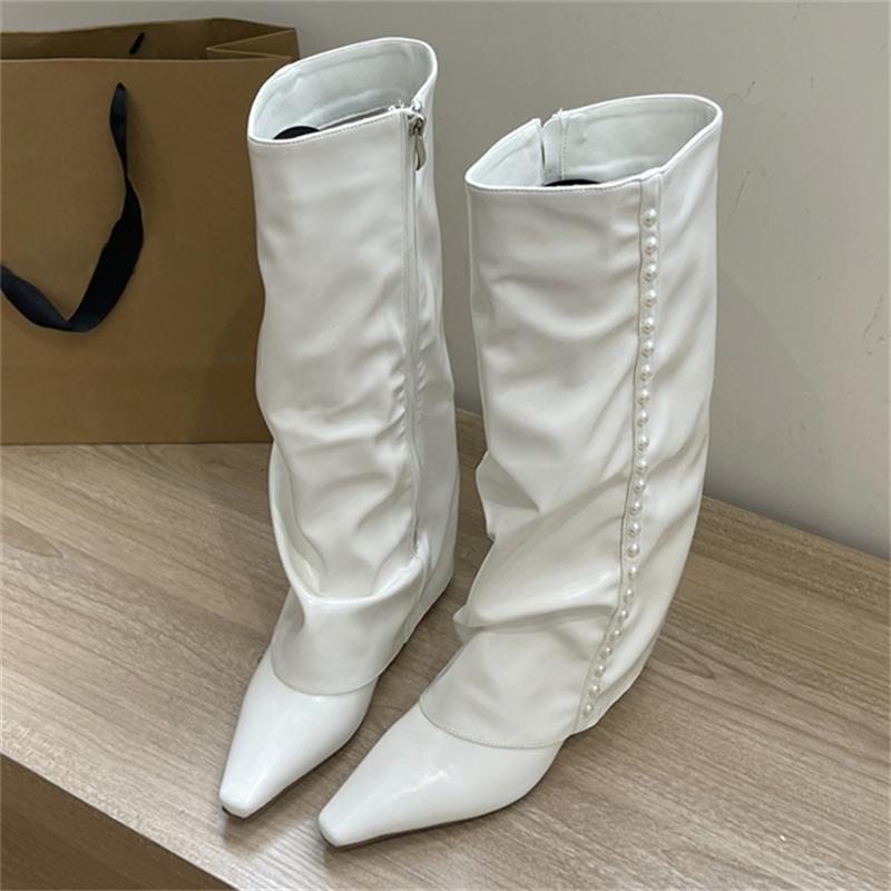 

Eilyken Уютные Мягкая Кожа Острый Носок Женские Сапоги До Колена Осень Зима Каблуки-Клинки Застежка-Молния Обувь Botas Largas De Mujer 40 белый