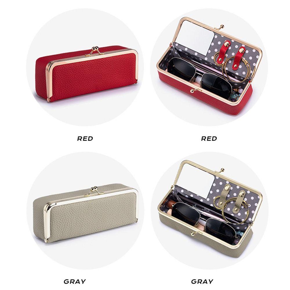 Genuine Leather Cosmetic Storage Pouch Portable Solid Color Sunglasses Storage Case Buckle Fixed Compact Jewelry Storage Bag