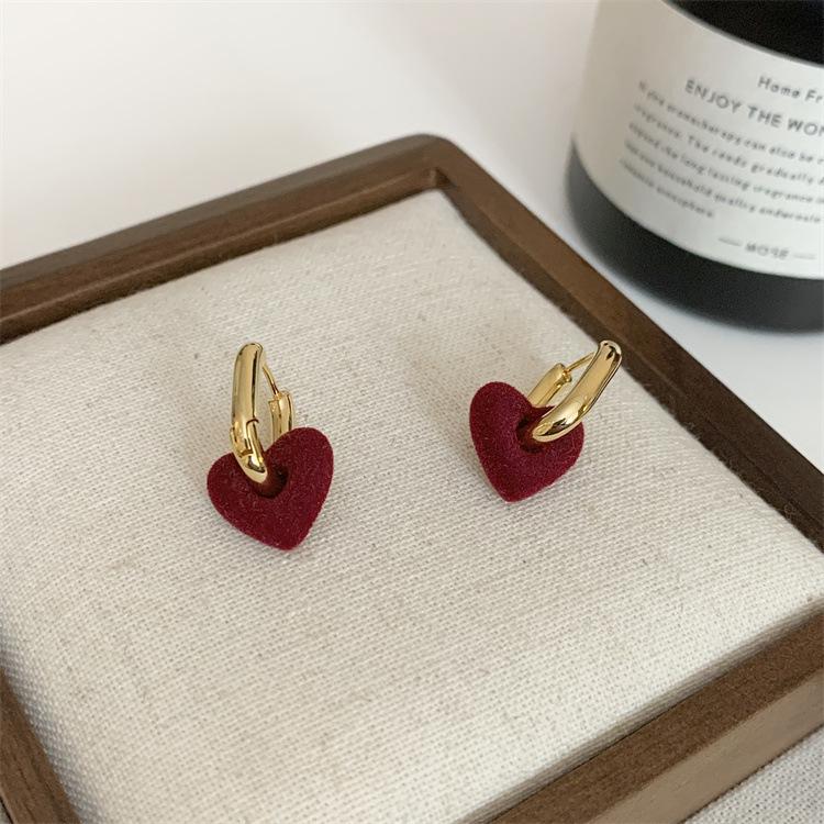 Luxury Red Flocked Heart Ear Studs for Women - Elegant, Versatile, and Detachable Earrings